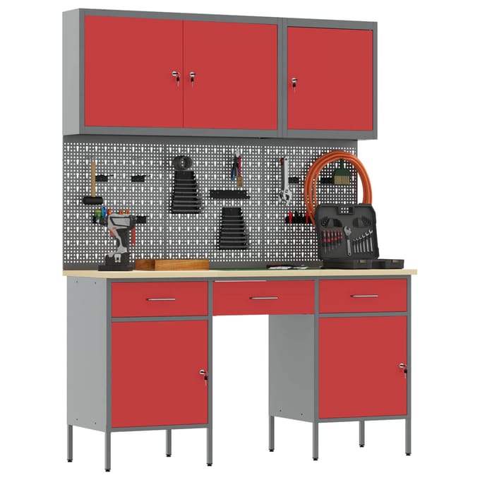 vidaXL - Werk - Cabinet - 8 - st - Rood - en - Grijs - Engineered - hout - en - staal