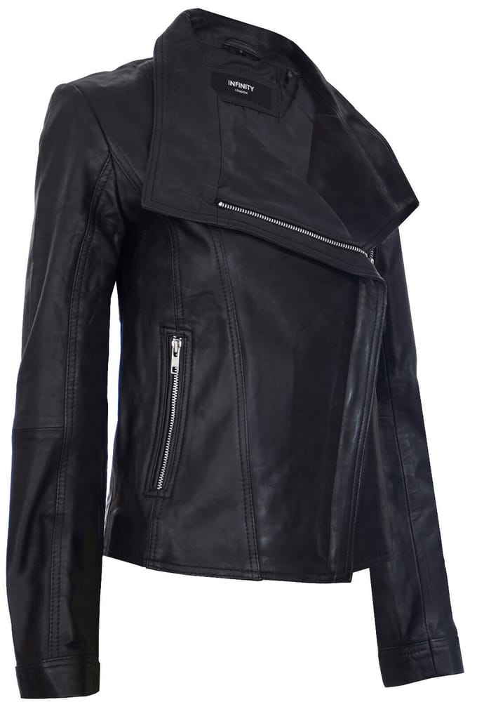 Klassiek leren dames bikerjack met sjaalomslag - Morpeth
