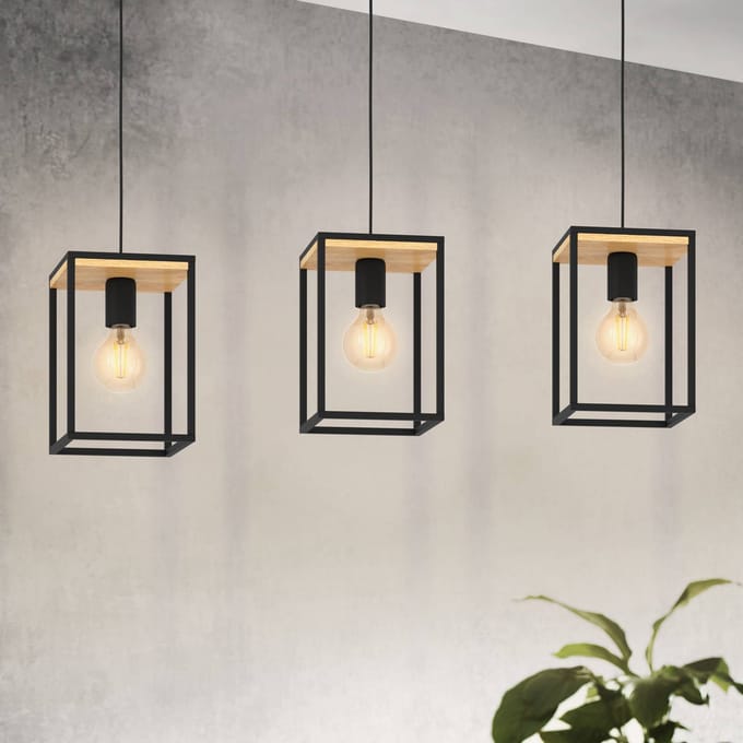 EGLO Hanglamp Libertad, lengte 88 cm, zwart/hout, 3-lamps.