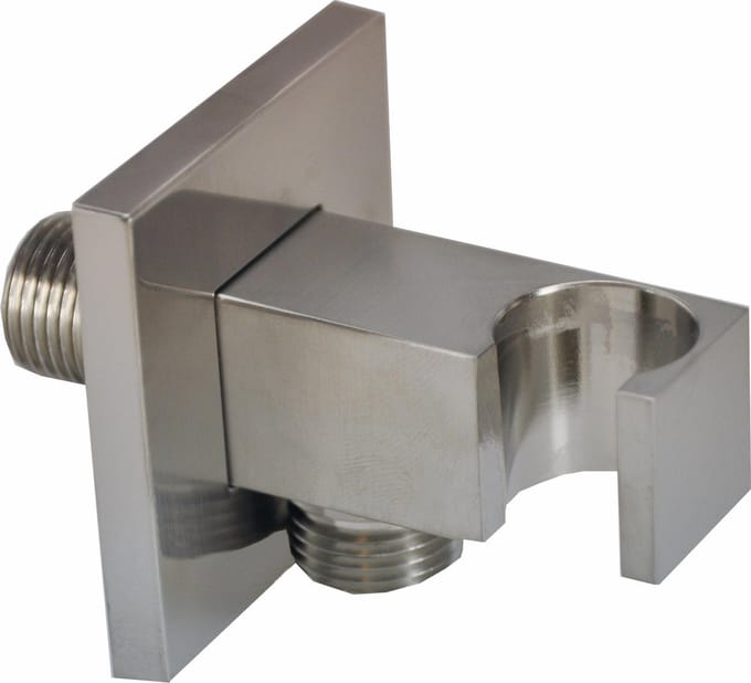 Wiesbaden Rombo wandaansluitbocht met handdouchehouder vierkant 1/2" geborsteld staal
