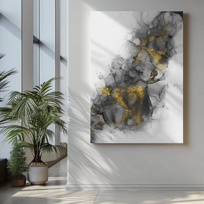 Canvas Schilderij Abstract - Grijs - Goud - Marmer kleuren - 60x40x2 cm