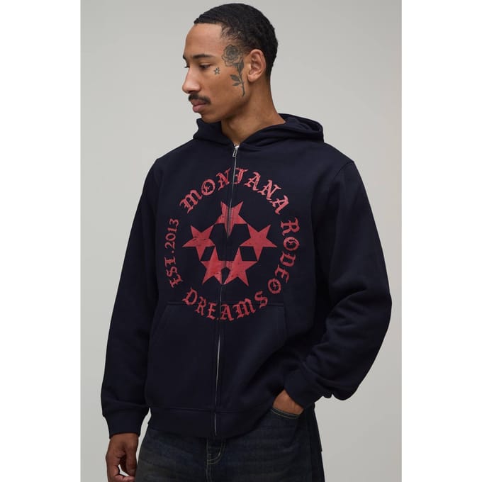 Donkerblauwe Oversized Boxy Hoodie Met Rits En Rodeo Ster Print | Navy | Size Medium