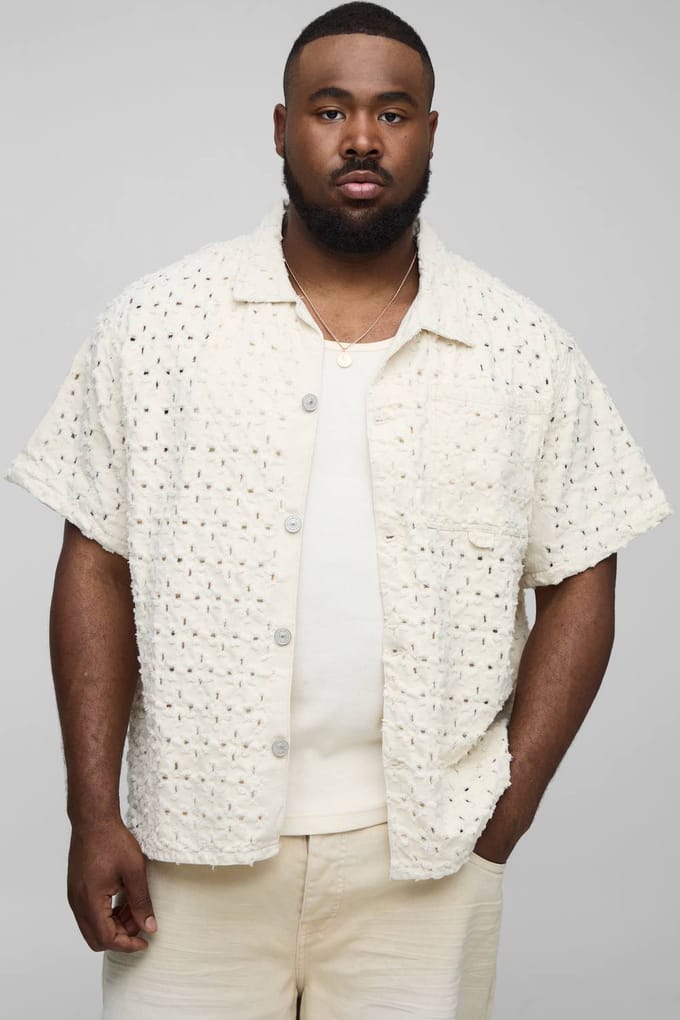 Plus Oversized Boxy Lasered Super Distressed Revere Shirt | Ecru | Size Large