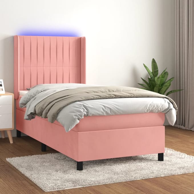 vidaXL - Boxspring - met - matras - en - LED - fluweel - roze - 80x200 - cm