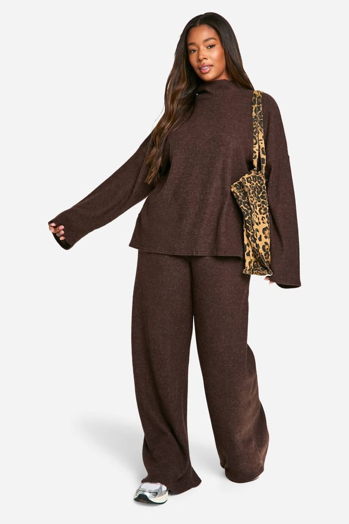 boohoo Dames Plus Soft Rib Slouchy Trui & Wijde Broek | Chocoladebruin | Maat: 46