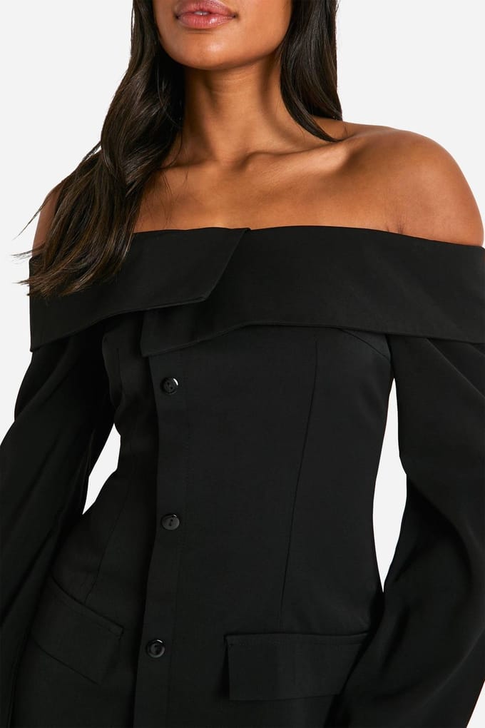 boohoo Dames Bardot Blazerjurk | Black | Maat: 8