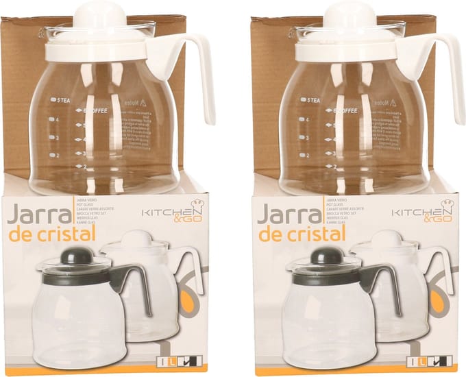 Gerimport Thee/koffie pot - 2x stuks - witte deksel en handvat - 1 liter
