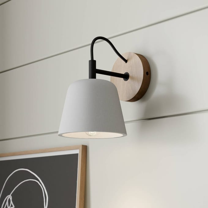 Lucande - wandlamp - 1licht - Beton, hout, metaal - H: 20 cm - E14 - grijs, licht eiken