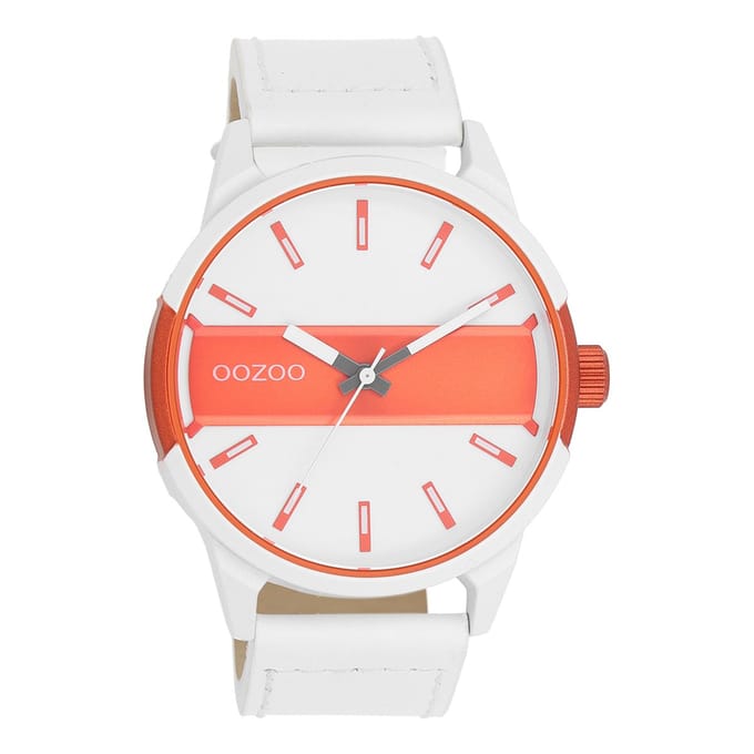 Wit/fluo oranje OOZOO horloge met witte leren band - C11316