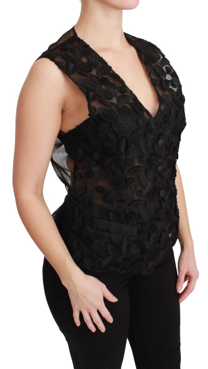 Dolce & Gabbana Zwarte Bloemen Brocade Top Gilet Vest