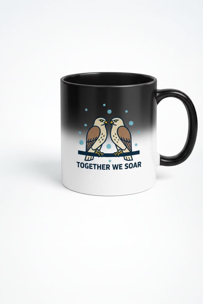 Magic Mok 'Together We Soar' met Twee Vogels - Hittegevoelige Zwarte Mok voor Liefdevolle Koppels