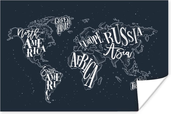 Poster - Wereldkaart - Zwart - Wit - Letters - 120x80 cm