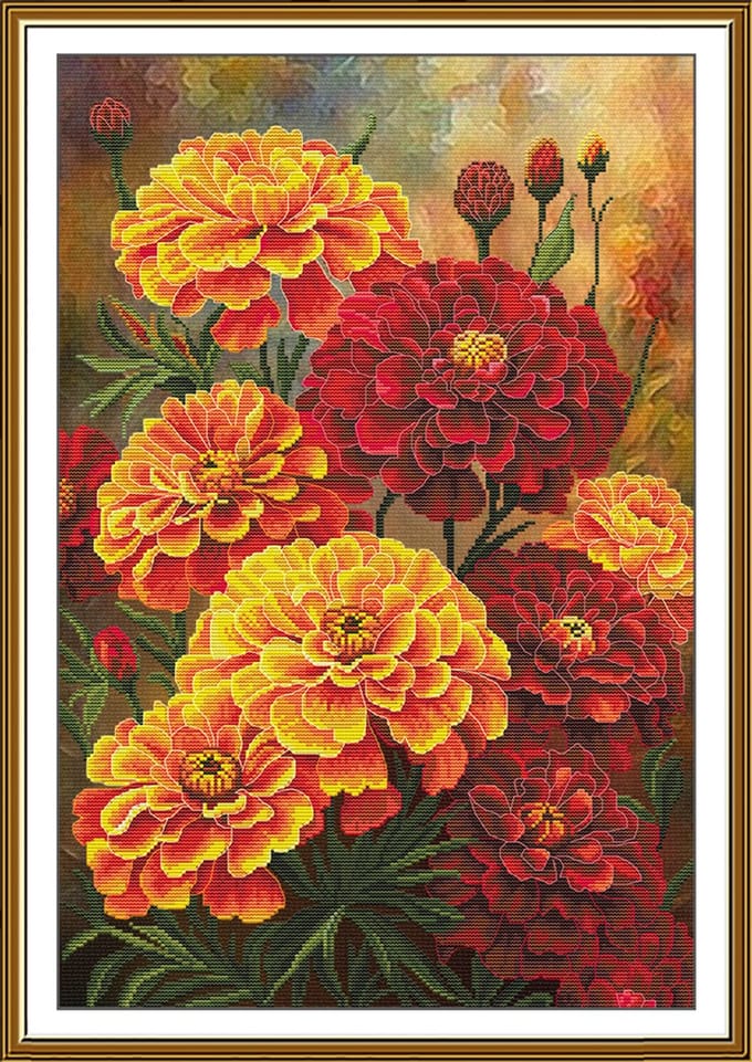 Borduurpakket Nova Sloboda - Marigold - Goudsbloem - bedrukte achtergrond