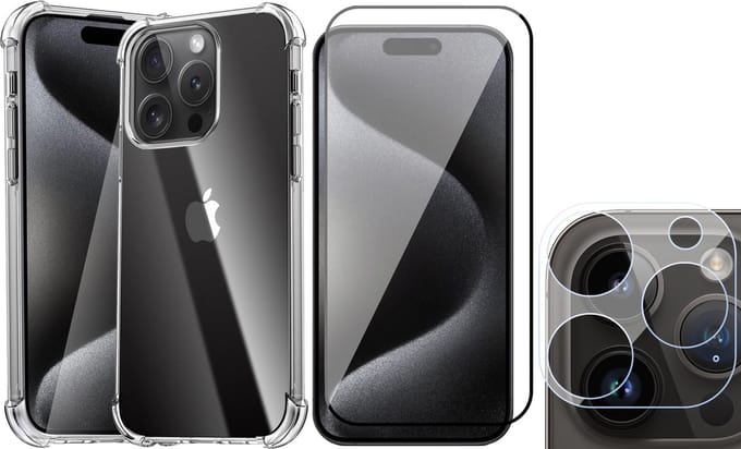 Hoesje geschikt voor iPhone 15 Pro Max - Screenprotector FullGuard & Camera Lens Screen Protector - Back Cover Case ShockGuard Transparant