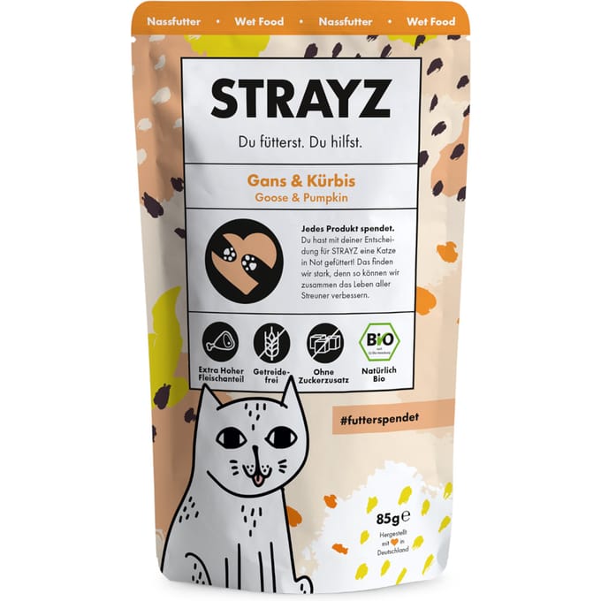 6x 85g STRAYZ Bio Pouch Gans & Pompoen Nat Kattenvoer