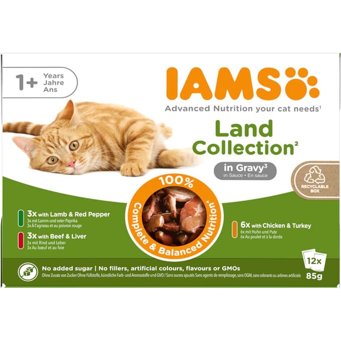 12x85g Land Mix in Saus IAMS Delights Kattenvoer