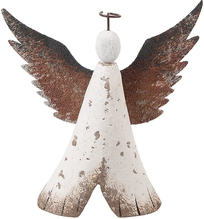 Clayre & Eef Decoratie Beeld Engel 14x4x15 cm Wit Bruin Hout