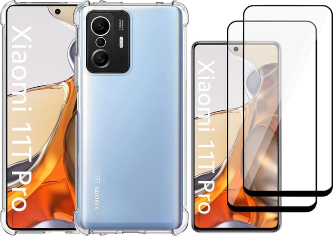 Hoesje geschikt voor Xiaomi Mi 11T Pro - Transparant Backcover Shockproof Case + 2x Glas Full Screen Screenprotector