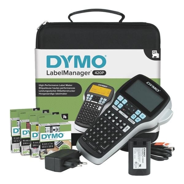 DYMO LabelManager 420P hoogpresterende oplaadbare draagbare labelmakerkit | ABC-toetsenbord met 4 rollen D1-labels en draagkoffer