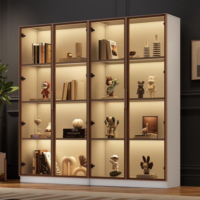 Vitrinekast - 80x40x160 cm - Set van 2 met LED - Draaideuren en Verstelbare Planken - Glas - Wit