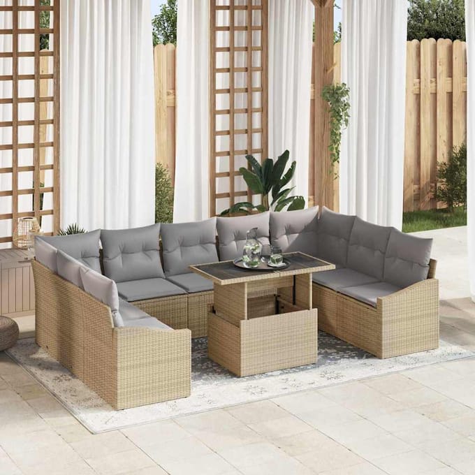 vidaXL - Bankstel - 10 - st - Beige - en - Lichtgrijs - poly - rattan