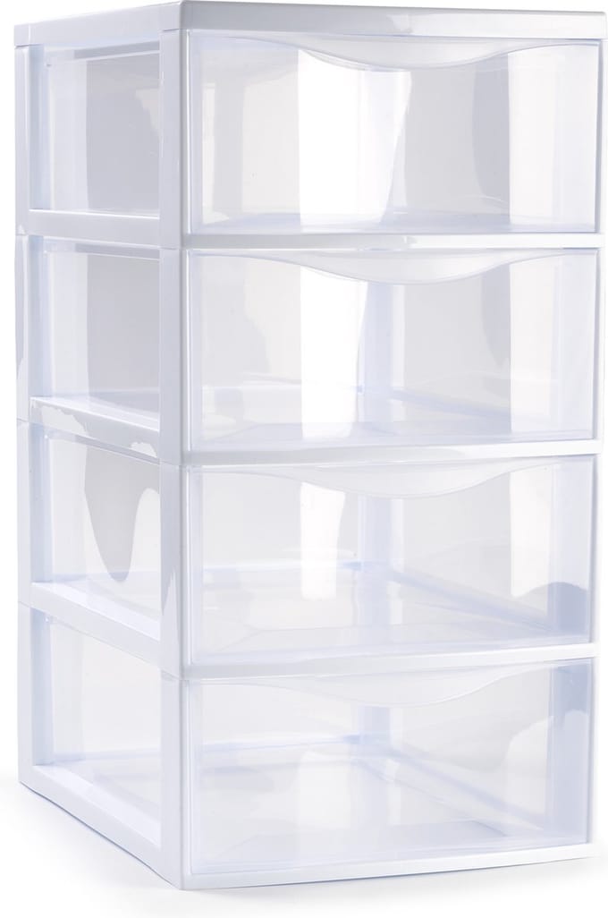Plasticforte Ladeblokje/bureau organizer met 4x lades - transparant/wit - L18 x B25 x H33 cm