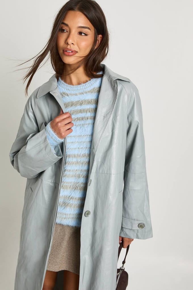 boohoo Dames Longline met kraag kunstleren trenchcoat | Grey | Maat: 8