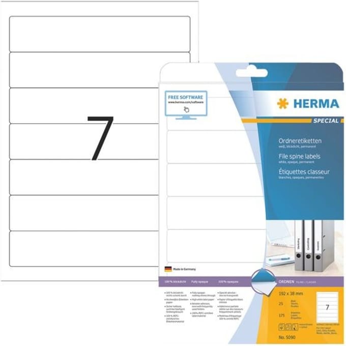 Herma ordneretiketten A4, 192 mm lang, permanent hechtend/bedrukbaar, 175 stuks, wit