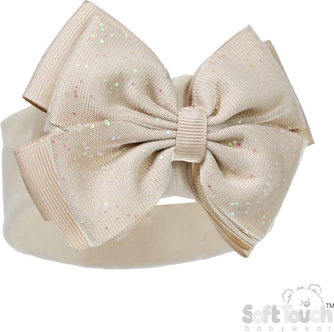 Soft Touch - Baby Haarbandje met Grote Strik Glitter - Coffee - Maat 0-3 Mnd HB92