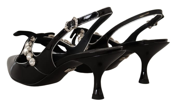 Dolce & Gabbana Zwarte Geëmailleerde Leer Crystal Slingbacks Schoenen
