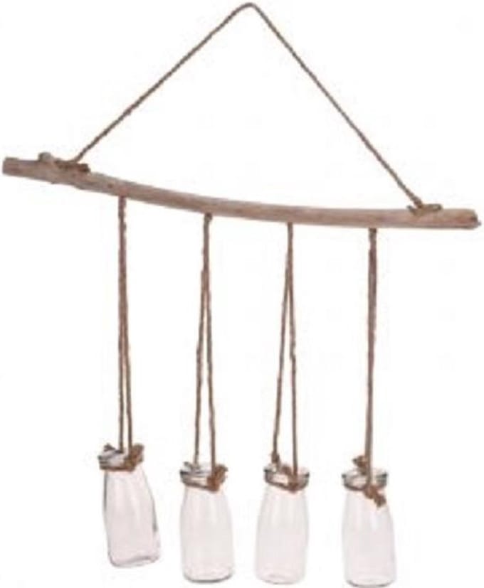 Decoratie hanger hout met glazen potjes