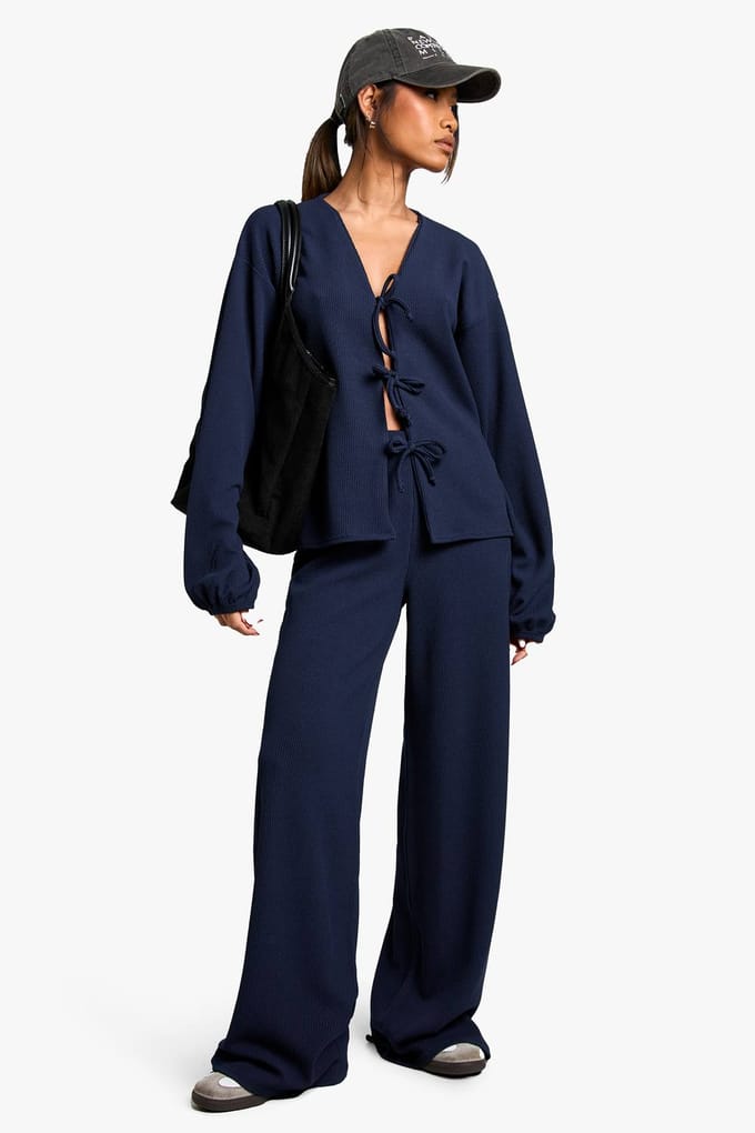 boohoo Dames Rib Tie Front Blouse en Broek Co-ord | Navy | Maat: 6