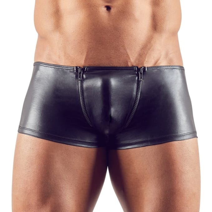 Latex look herenboxer met ritsen - Zwart