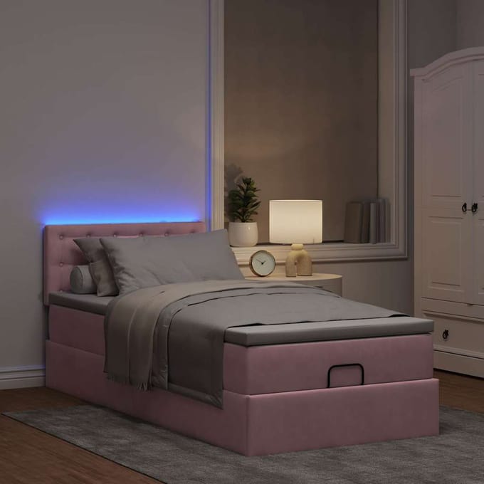 vidaXL - Ottoman - bed - met - matras - en - LED's - 90x190cm - fluweel - roze