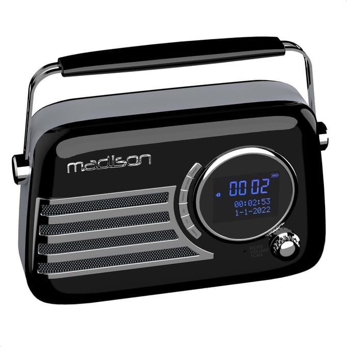 Madison - FREESOUND-VR40BK-DAB - Vintage DAB+ Radio op Batterij - Bluetooth, FM, USB, Subwoofer - Glanzend Zwart