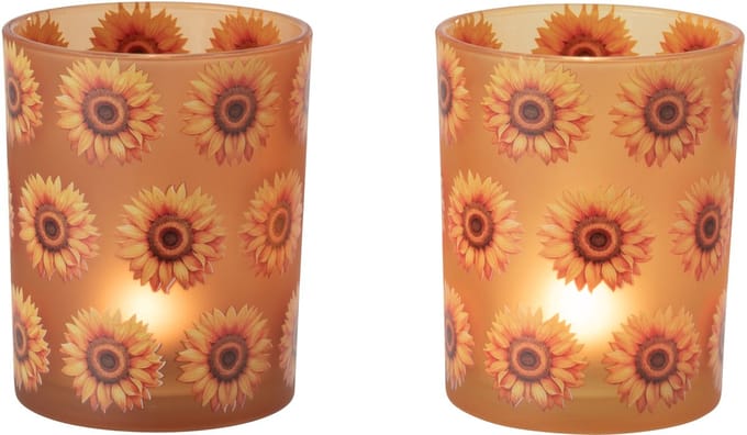 J-Line theelichthouder Zonnebloem - glas - oranje - medium - set van 2