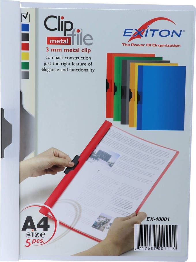 Exiton Klemmap - A4 - Metalen Klem - Transparant Voorblad - Wit - 5 mappen