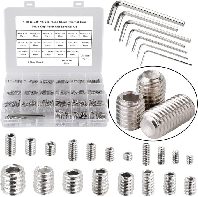 380 Delige SAE Set Schroeven RVS - Cup Point Stelschroeven Assortiment met Inbussleutels
