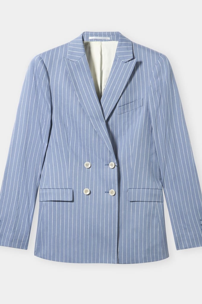 Brooks Brothers Pinstripe Linen Blend Double-breasted Blazer Light Blue Größe: S | Blazer Outlet | Damen | Weiß
