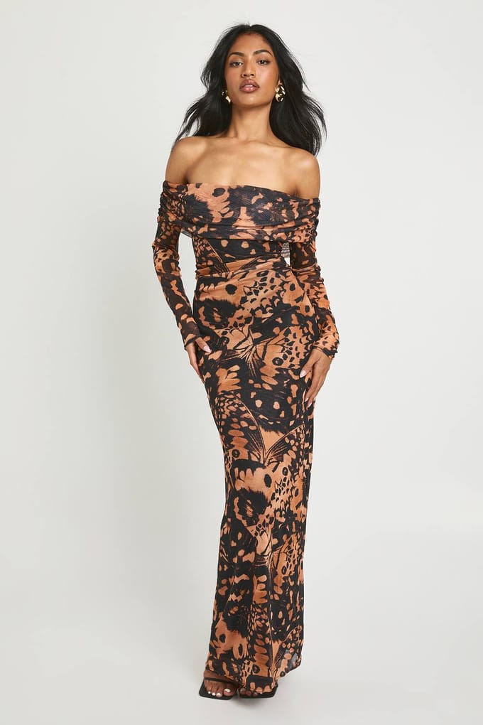 boohoo Dames Abstracte Bedrukte Bardot Maxi Jurk | Brown | Maat: 8