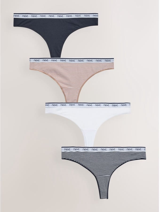 Next - Dames - Set van 4 katoenen strings met logo - Blauw