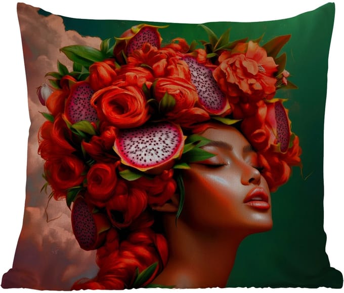 Tuinkussen - Vrouw - Drankenfruit - Rozen - 40x40 cm - Weerbestendig