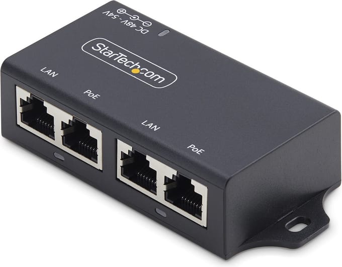StarTech.com 2-Port Gigabit Midspan PoE+ Injector, 10/100/1000Mbps, PoE+ (802.3af/at), 30W, 1Gbps Ethernet, Wandmonteerbaar, Onbeheerde Inline Power Over Ethernet