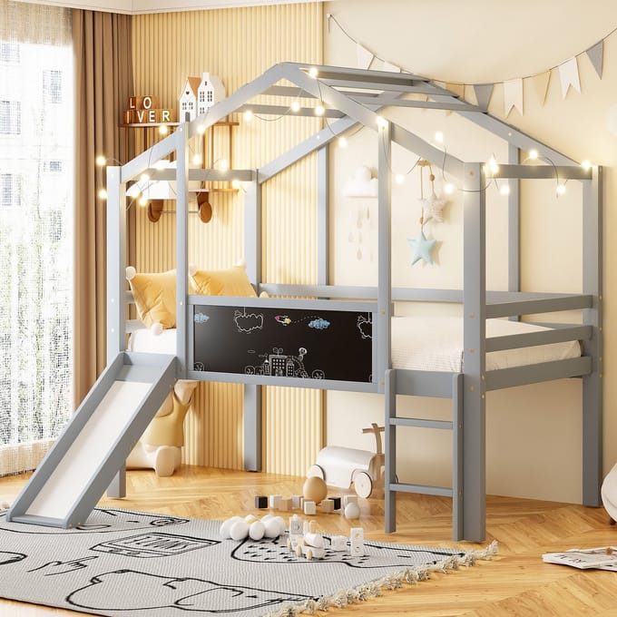 Sweiko Halfhoogslaper - 90 x 200 cm - Kinderbed - Met glijbaan - Graffitibord - Grijs