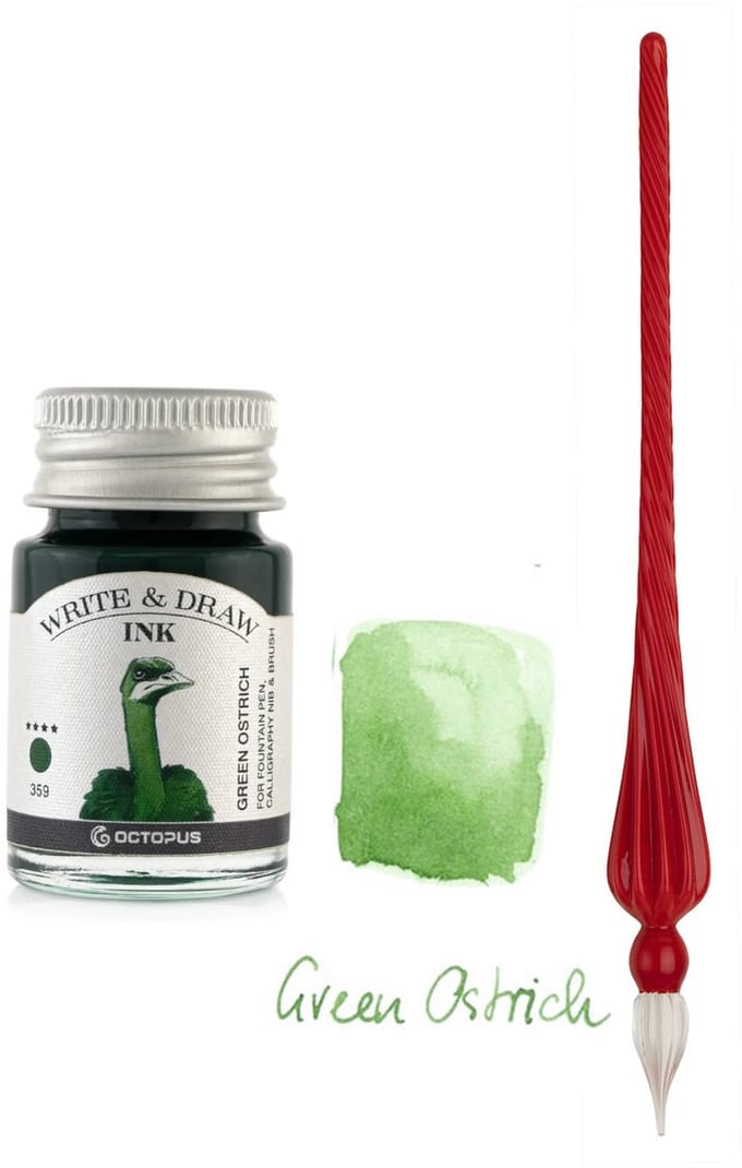Glaspen - Glazen Dip Pen set in doosje - Rood - Potje - Octopus - Vulpen inkt - green ostrich