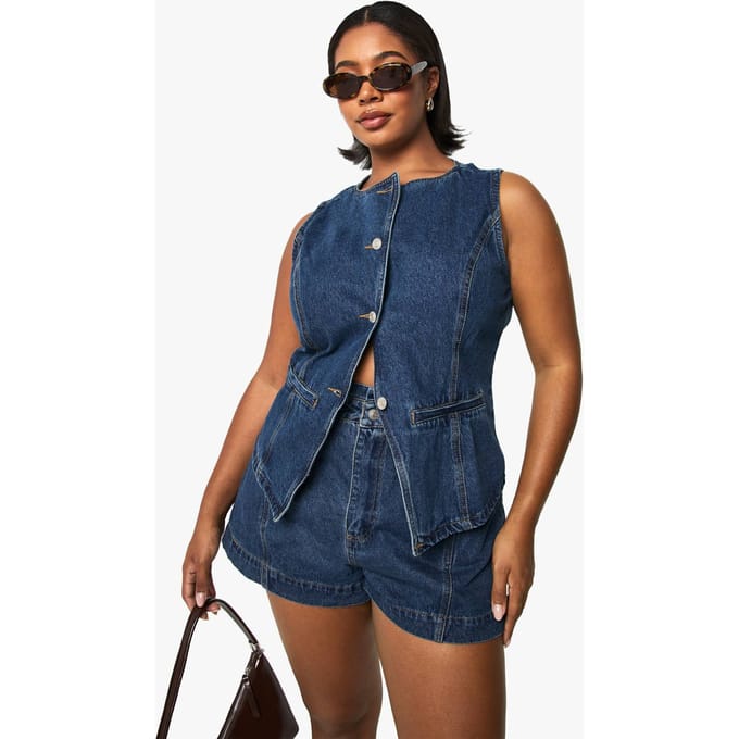 boohoo Dames Plus Denim Longline Weste | Medium Blauw | Maat: 44