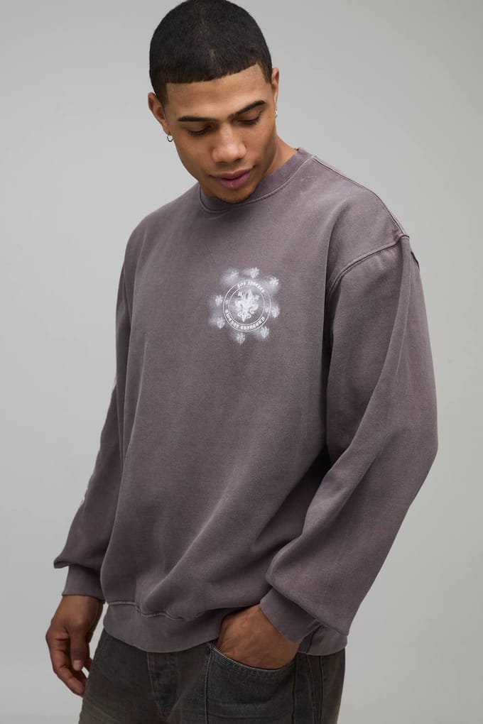 Oversized Grafische Bedrukte Gewassen Sweatshirt | Washed Chocolate | Size Small