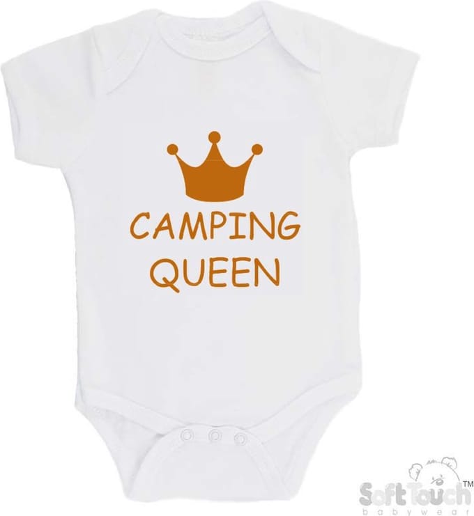 100% Katoenen Romper "Camping Queen" Unisex Katoen Wit/tan Maat 56/62