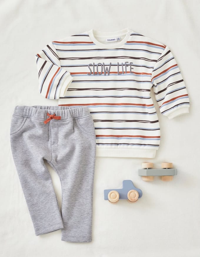 Noukie's - Set gestreepte sweatshirt + joggingbroek - ecru/grijs - 1 jaar 80