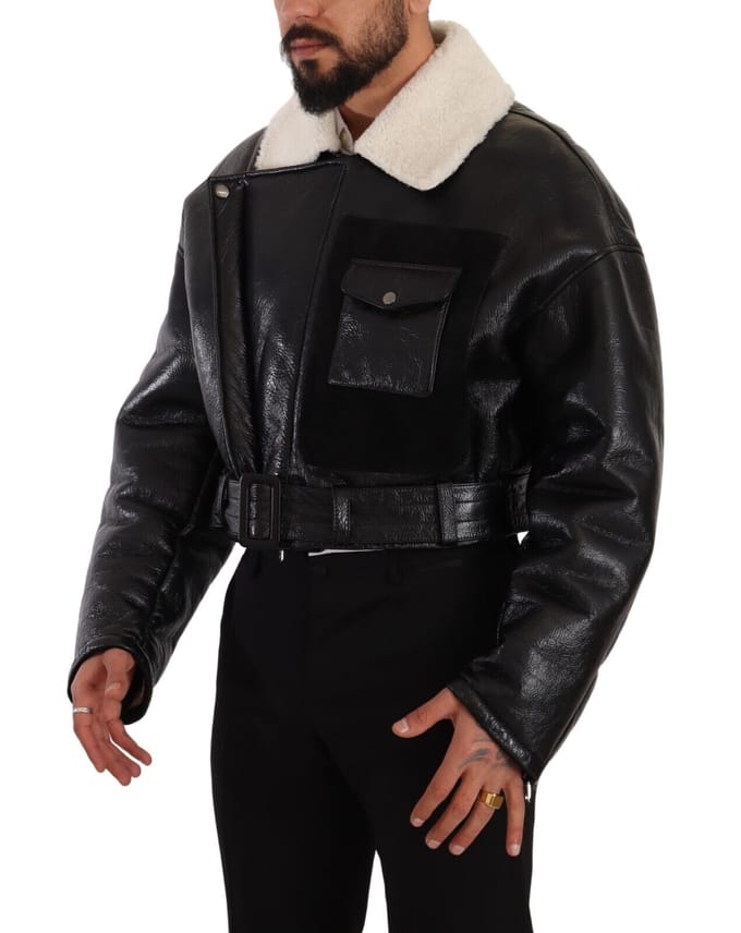 Dolce & Gabbana Heren Zwarte Leren Shearling Bikerjas